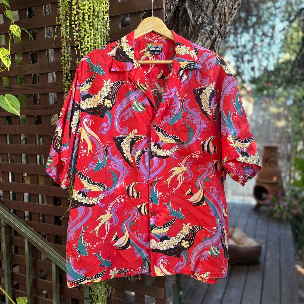 VTG 80's Pataloha Angel Fish Hawaiian Button Up Shirt Red Men's XL